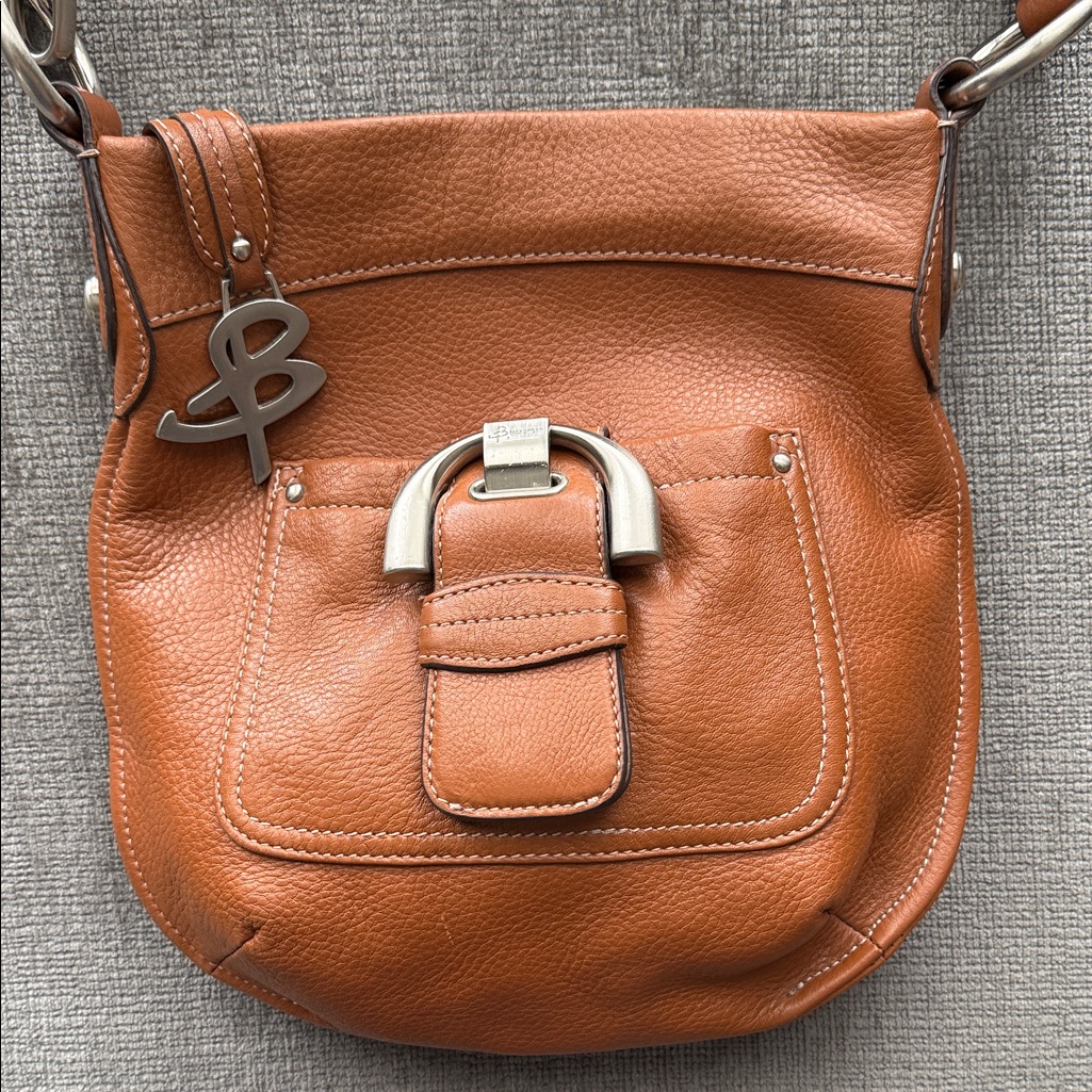 B. Makowsky Tan Pebbled Leather Crossbody Saddle Bag - Euc